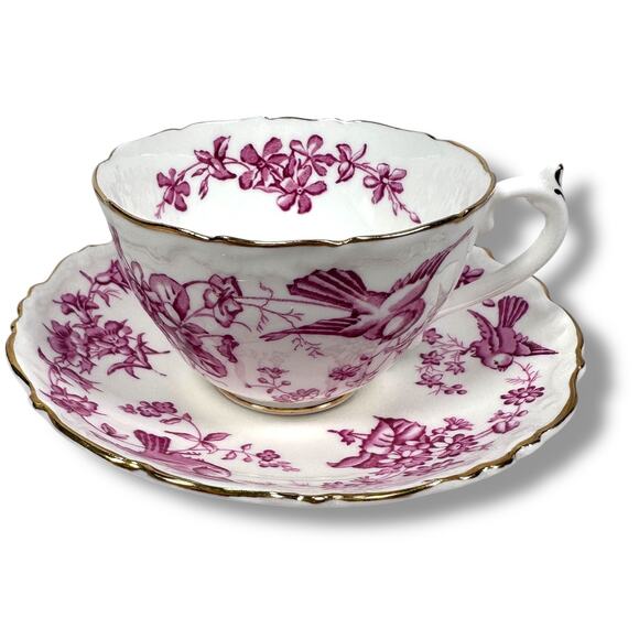 Vintage Coalport Cup & Saucer Cairo Pink White Birds Design Gold Trim England - Picture 1 of 11